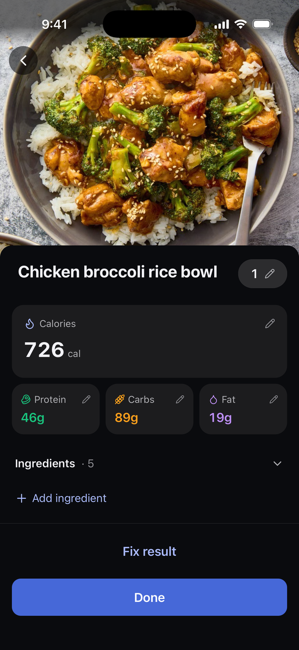 FitPulse meal photo with editable calorie and macro estimates
