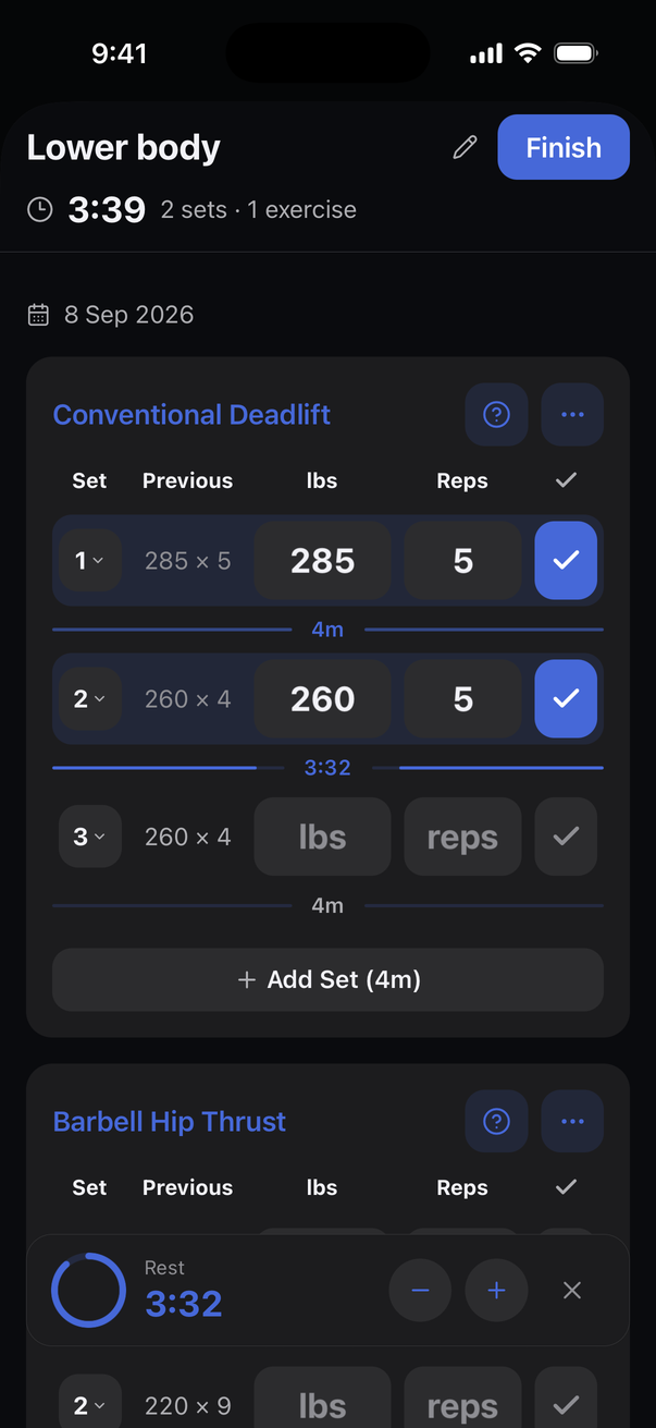 FitPulse workout log with previous sets, logged weights and reps, and a rest timer